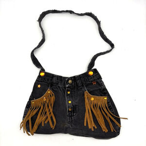 Vintage 80s Handmade Rustler Jeans Leather Fringe Orange Gems Shoulder Bag 14x9"